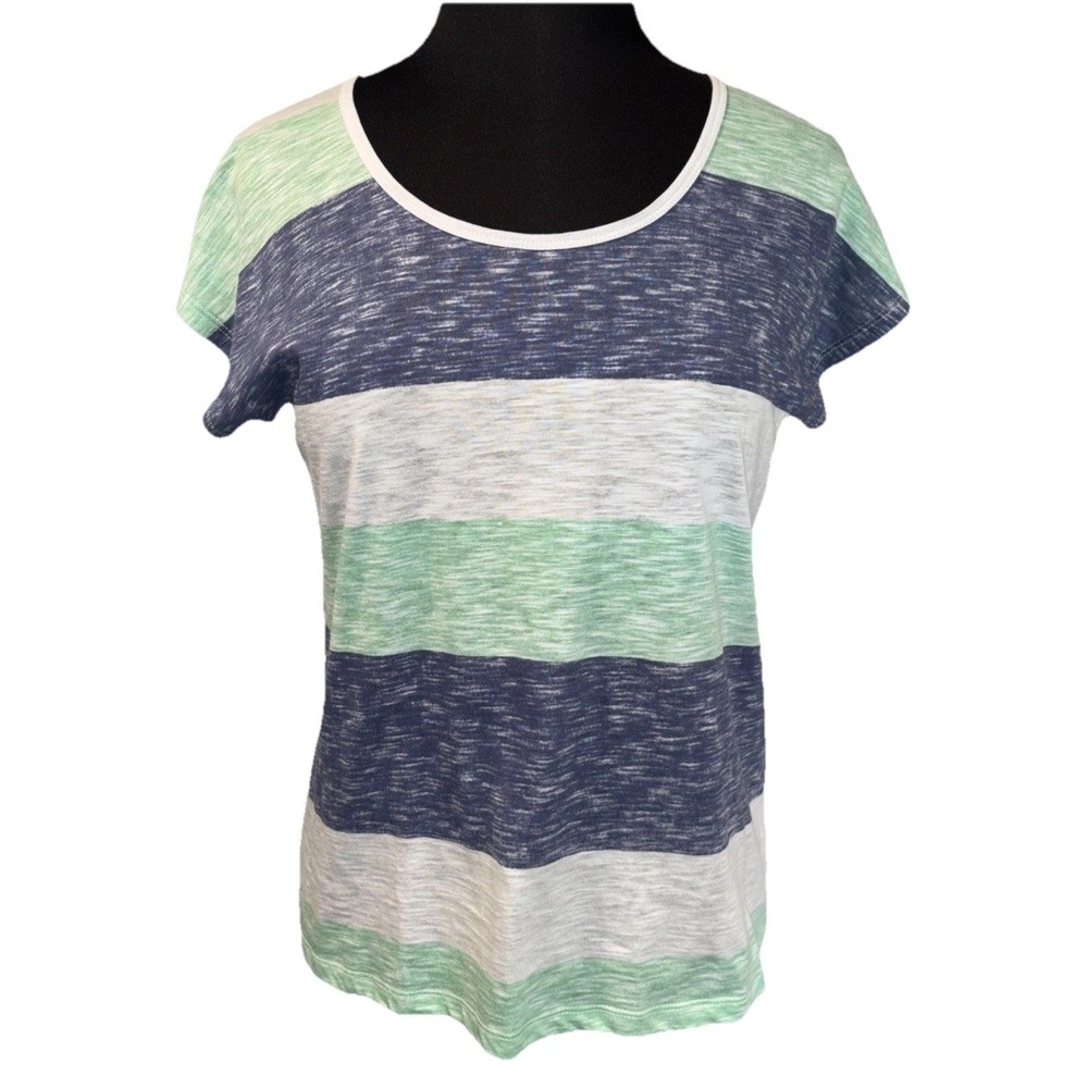 Yest Striped Cotton T Shirt Women's‎ Size Med Blue Green Heather Short Sleeve